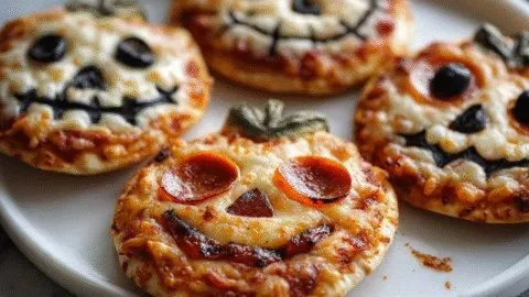 Spooky Halloween mini pizzas topped with cheese and pepperoni