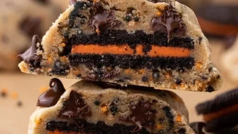 Halloween Oreo stuffed chocolate chip cookies on a festive plate