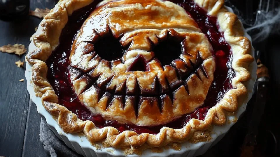 Delicious Haunted Halloween Pie decorated for Halloween festivities