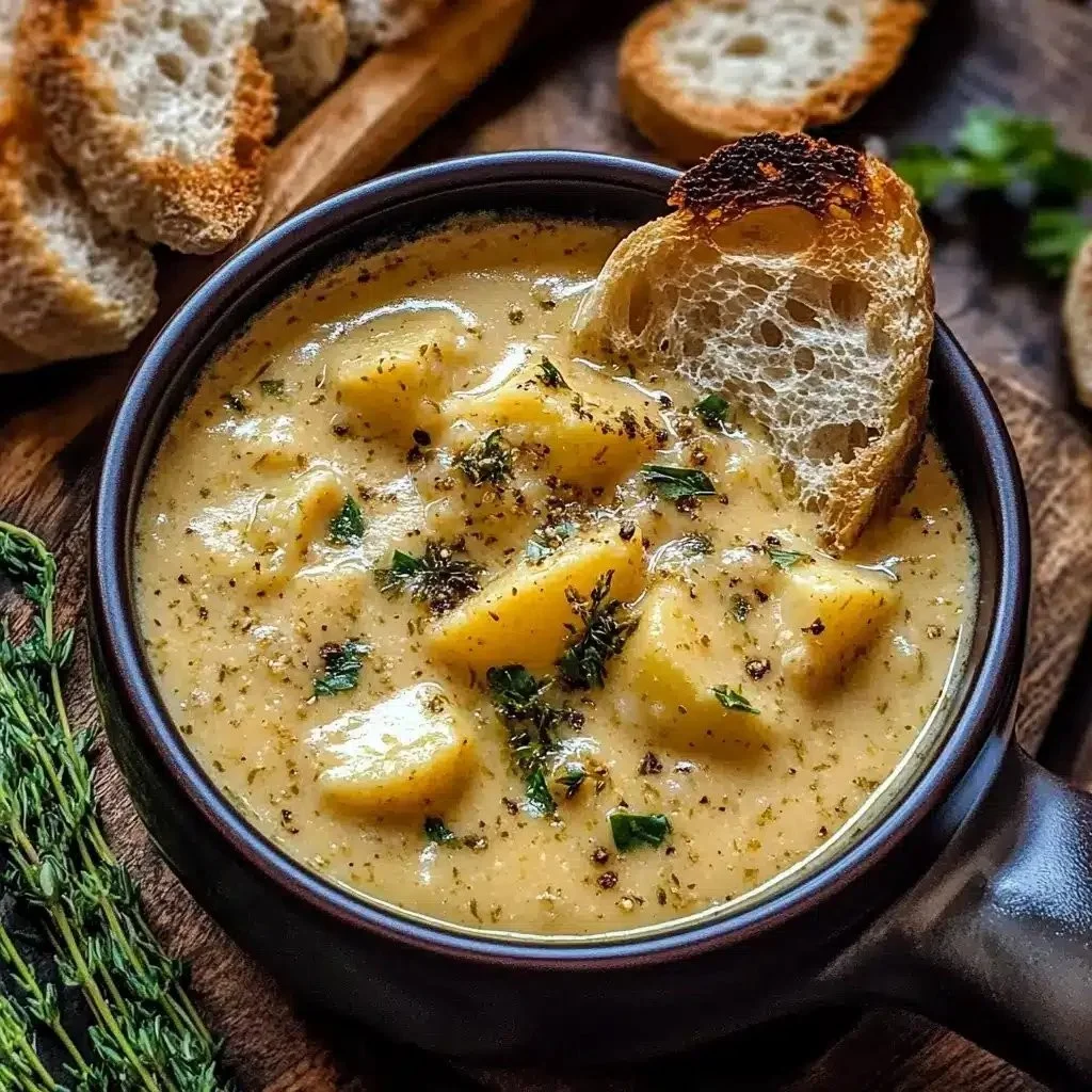 Delicious bowl of hearty cheddar garlic herb potato soup topped with herbs