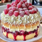 Heavenly White Chocolate Raspberry Cake adorned with fresh raspberries and white chocolate curls