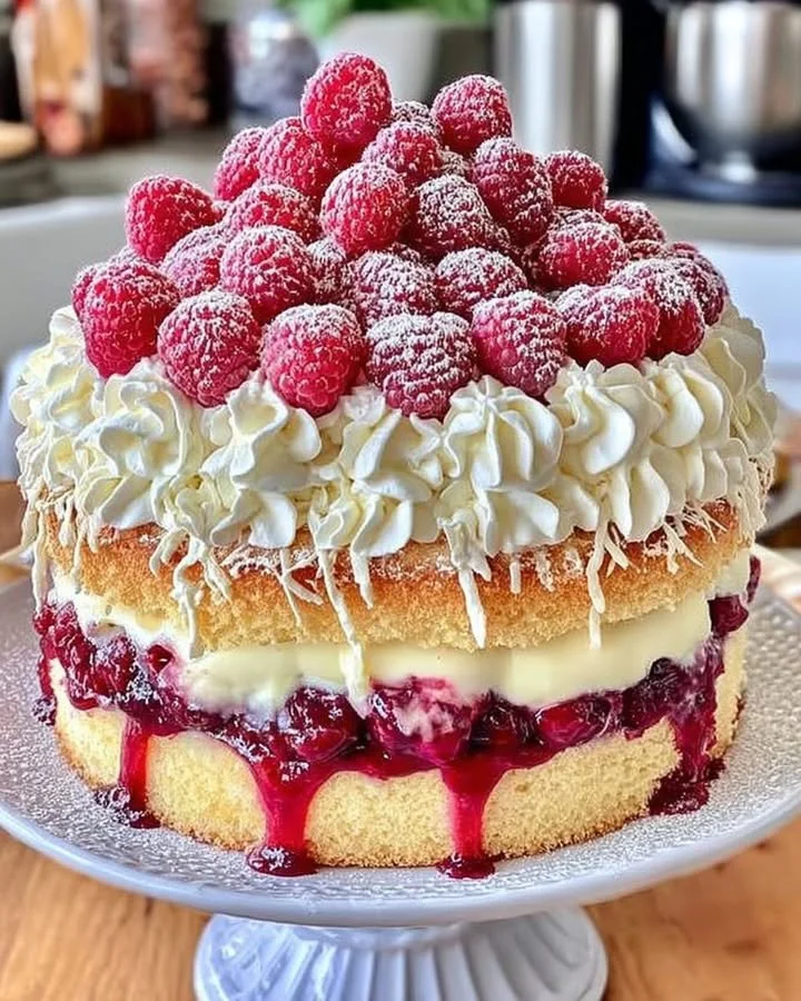 Heavenly White Chocolate Raspberry Cake adorned with fresh raspberries and white chocolate curls