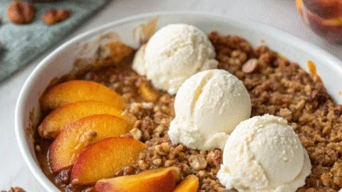 Homemade peach crisp dessert with juicy peaches and crispy topping