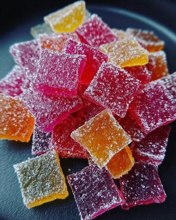 Colorful homemade rhubarb sour candy on a plate.