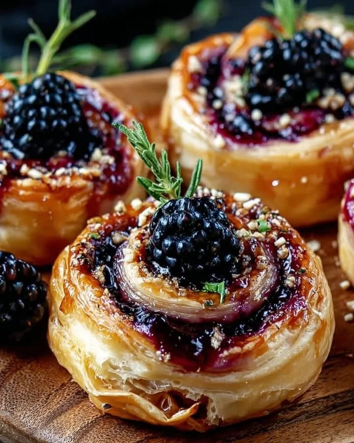 Honeyed Brie-Blackberry Puff Pastry Swirls on a platter