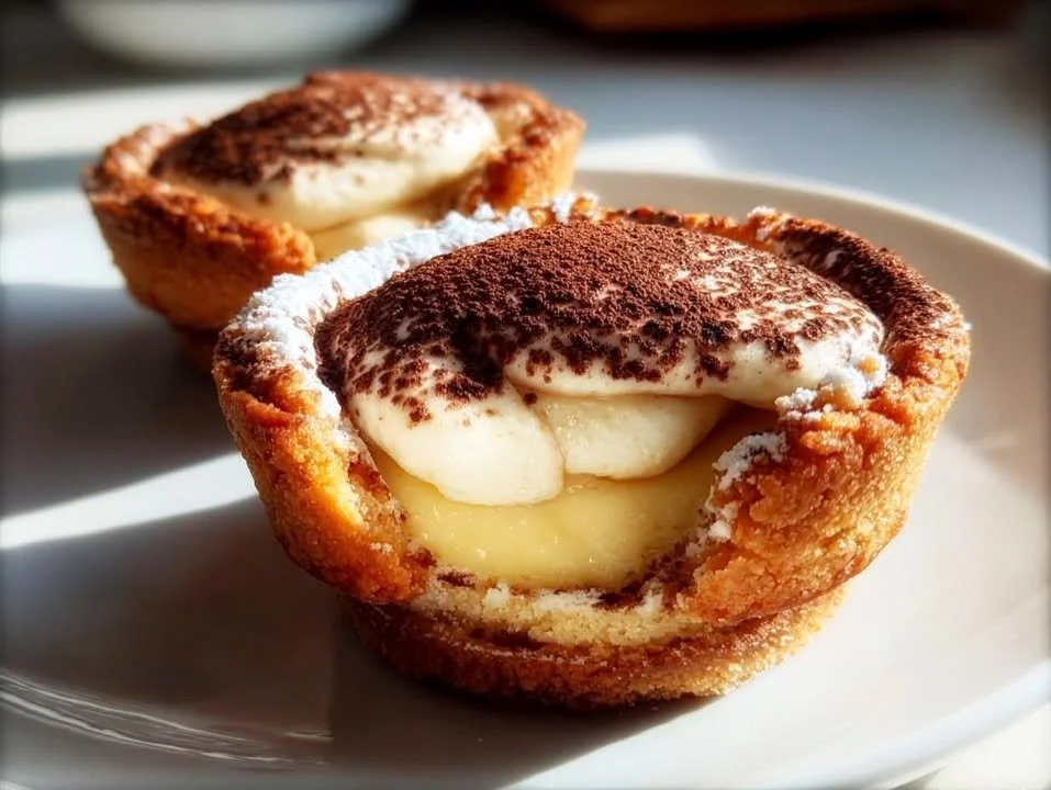 Delicious tiramisu cookie cups topped with cocoa and coffee flavor