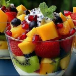 Layered fruit salad with yogurt served in a glass bowl