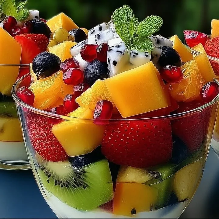 Layered fruit salad with yogurt served in a glass bowl