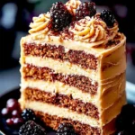 Layered mocha cake with coffee cream and blackberries on a platter