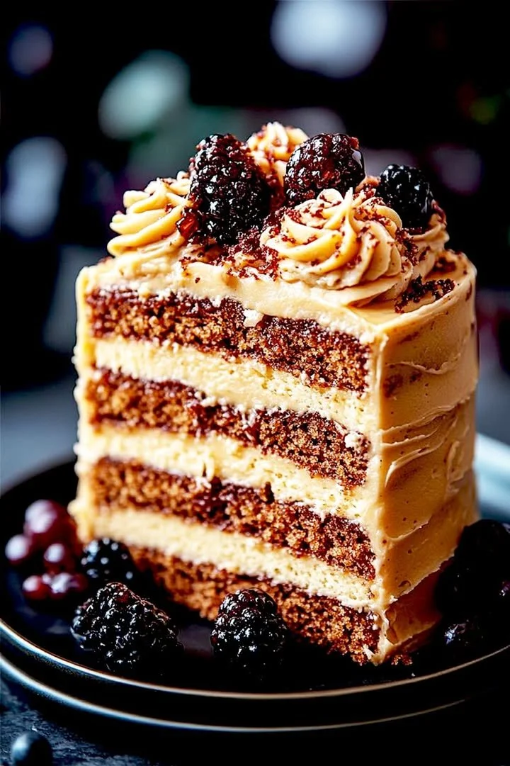 Layered mocha cake with coffee cream and blackberries on a platter