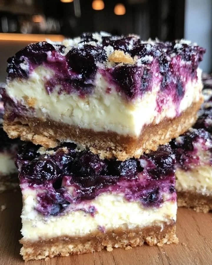 Lemon blueberry cheesecake bars on a white plate, garnished with fresh blueberries.