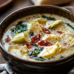 Bowl of Lemony Tuscan Artichoke Soup garnished with herbs.