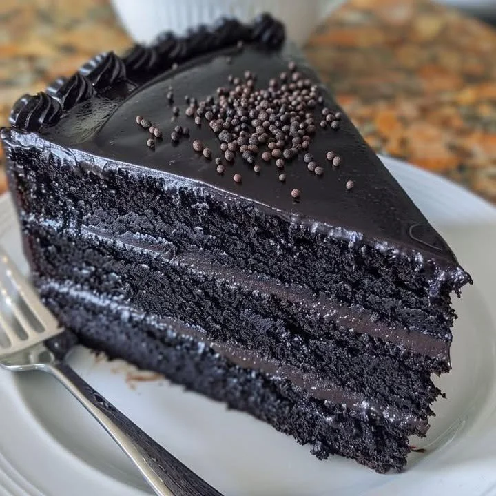A slice of luscious dark chocolate dream cake adorned with chocolate shavings.