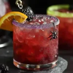 A colorful bowl of Magical Hocus Pocus Halloween punch with floating fruit and spooky decorations