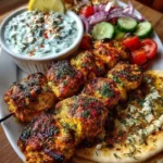 Grilled Mediterranean Chicken Skewers with Tzatziki sauce on a plate