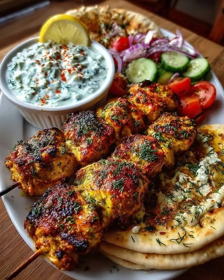 Grilled Mediterranean Chicken Skewers with Tzatziki sauce on a plate