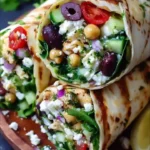 Mediterranean chickpea feta wraps on a wooden plate with fresh vegetables