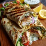 Mediterranean Greek chicken wraps with lemon herb sauce, perfect for a healthy meal.