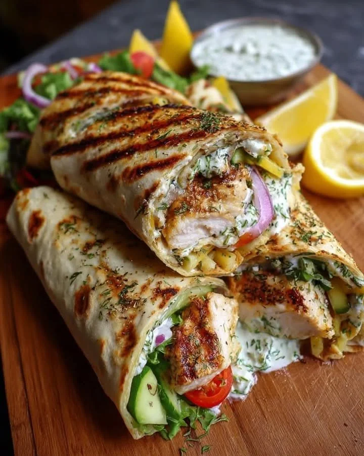 Mediterranean Greek chicken wraps with lemon herb sauce, perfect for a healthy meal.