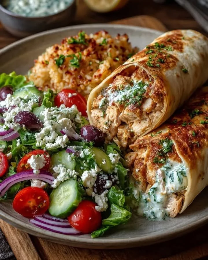 Mediterranean Greek Chicken Wraps with Lemon Herb Dressing on a plate