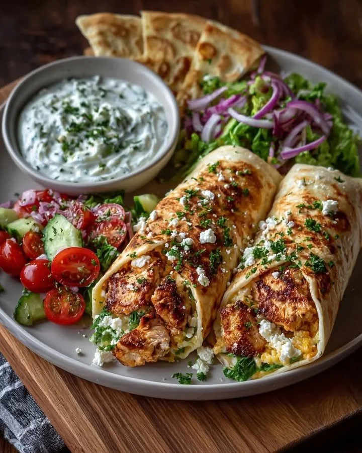 Mediterranean Greek Chicken Wraps with Spicy Harissa Sauce served on a plate