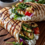 Mediterranean grilled veggie and feta wrap on a plate with fresh vegetables