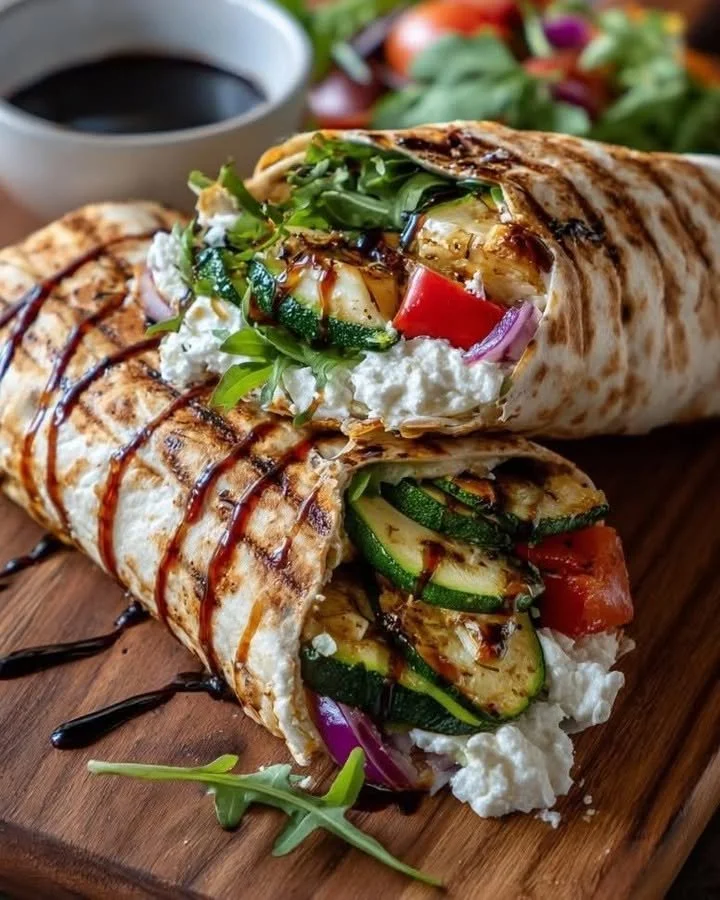 Mediterranean grilled veggie and feta wrap on a plate with fresh vegetables
