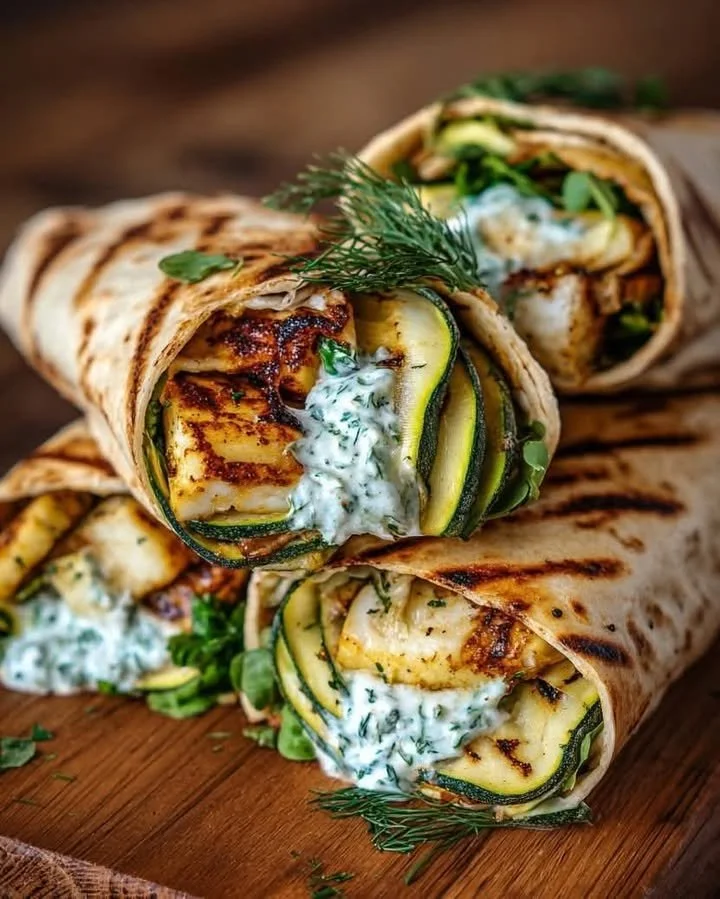 Mediterranean grilled zucchini wrap with halloumi and herb-yogurt sauce