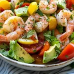 Mediterranean salad with lemony shrimp, avocado, and tomatoes garnished fresh herbs