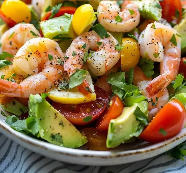 Mediterranean salad with lemony shrimp, avocado, and tomatoes garnished fresh herbs