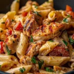 Delicious Mediterranean Marry Me Chicken Pasta served with fresh ingredients