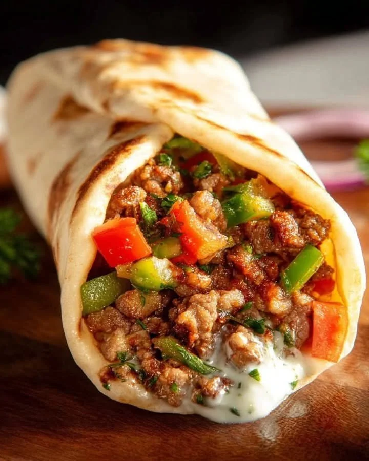 Mediterranean Quick Beef Wrap Shawarma Style with fresh ingredients