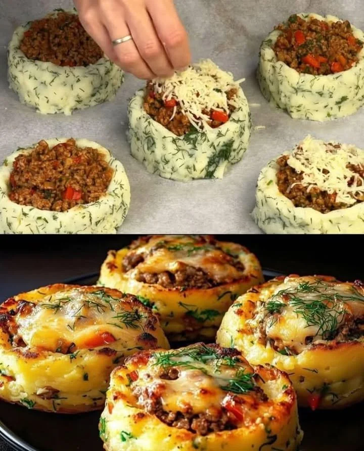 Mediterranean stuffed mashed potato nests garnished with herbs and spices