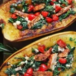 Mediterranean Style Stuffed Spaghetti Squash filled with fresh vegetables and herbs