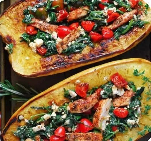 Mediterranean Style Stuffed Spaghetti Squash filled with fresh vegetables and herbs