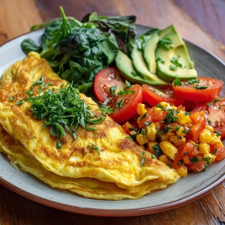 Mediterranean sunny garden omelette with avocado and corn salsa