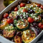 Mediterranean Zucchini Bake with Olives and Feta served in a dish