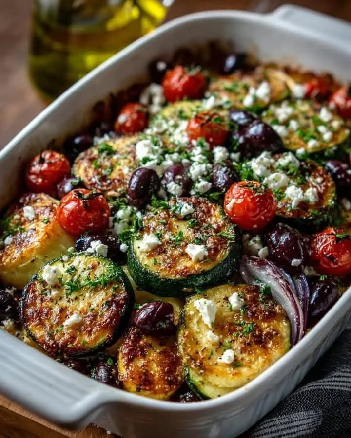 Mediterranean Zucchini Bake with Olives and Feta served in a dish
