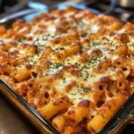 Delicious serving of Million Dollar Baked Ziti topped with cheese and herbs