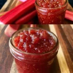Homemade old-fashioned rhubarb jam in a jar with fresh rhubarb stalks.