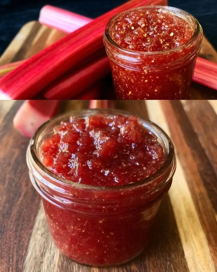 Homemade old-fashioned rhubarb jam in a jar with fresh rhubarb stalks.