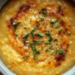 Bowl of creamy carrot lentil soup with carrots and lentils garnished fresh herbs
