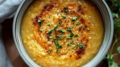 Bowl of creamy carrot lentil soup with carrots and lentils garnished fresh herbs