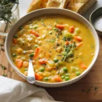 Bowl of creamy vegetable soup garnished with herbs and fresh vegetables