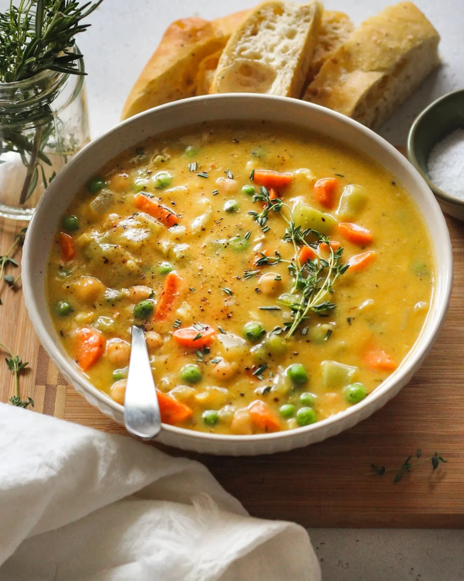 Bowl of creamy vegetable soup garnished with herbs and fresh vegetables