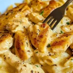 One pot garlic parmesan chicken pasta served in a bowl with herbs on top.