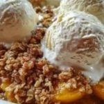 Bowl of delicious Peach Crisp made with fresh peaches and a golden topping