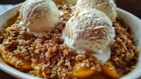 Bowl of delicious Peach Crisp made with fresh peaches and a golden topping