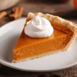 A freshly baked perfect pumpkin pie topped with whipped cream and cinnamon.