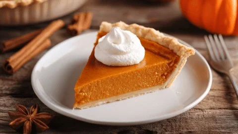 A freshly baked perfect pumpkin pie topped with whipped cream and cinnamon.